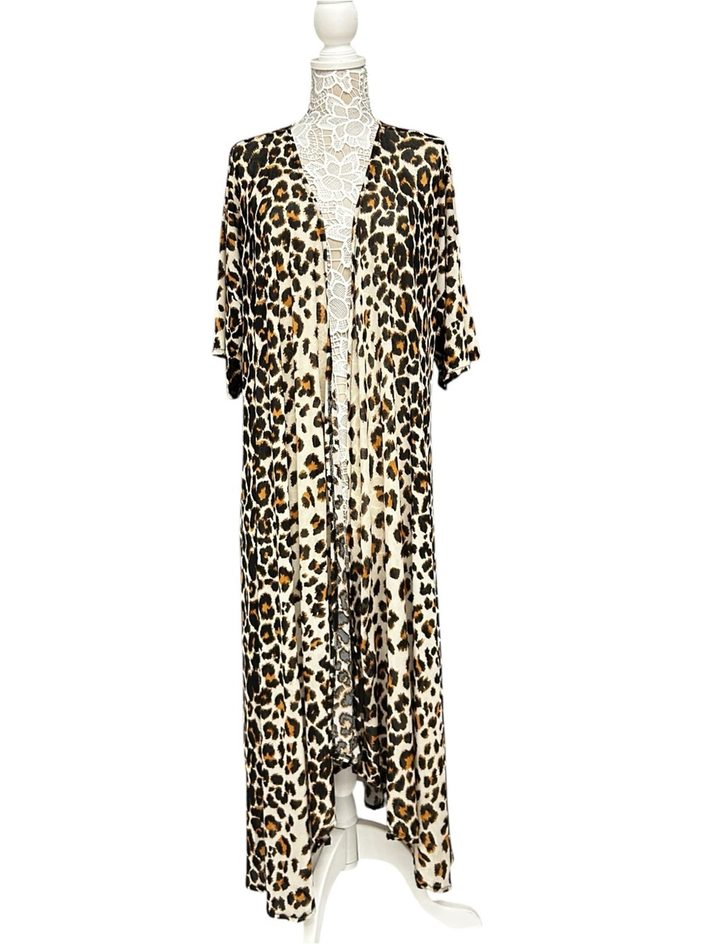 Turquoise Haven Leopard Print Open Front Duster Cardigan One Size - Picture 4 of 9